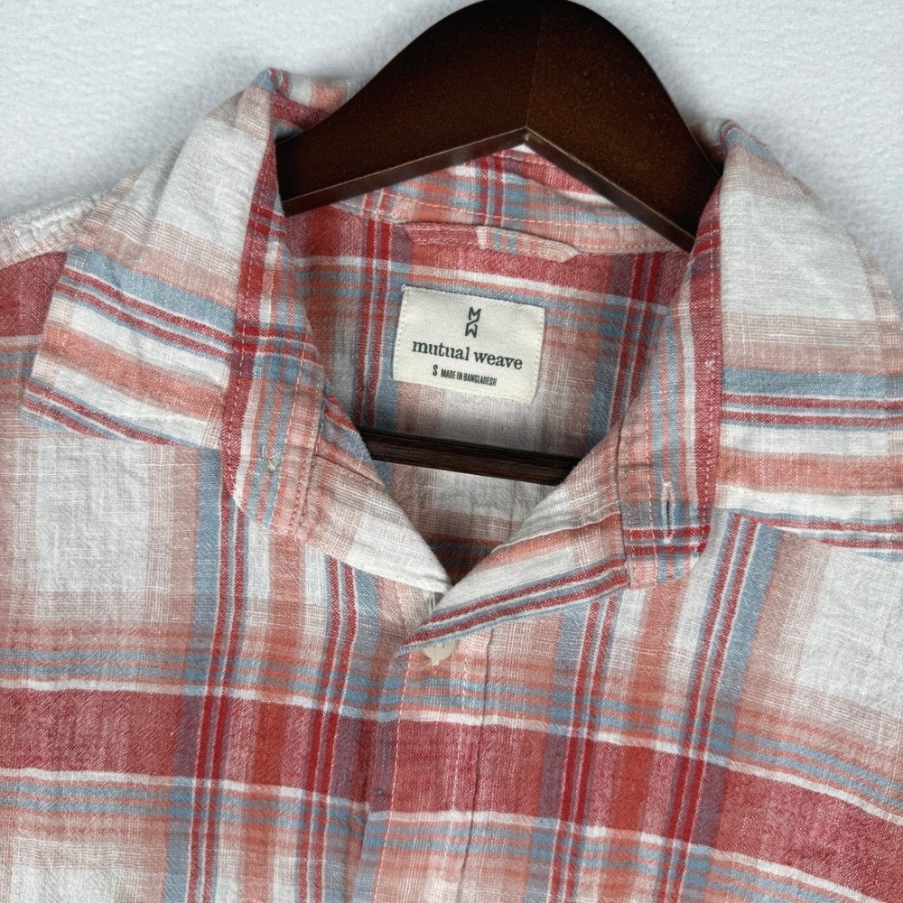 Mutual Weave Linen Cotton SS Button Down Shirt Mens Small 4th of July Plaid